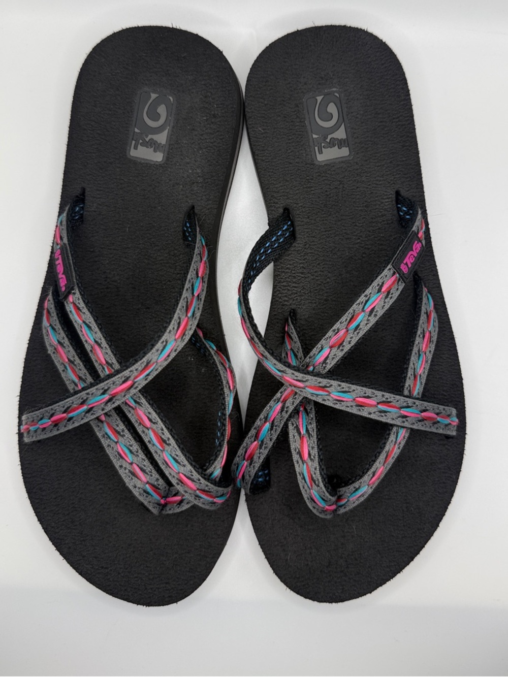 Teva Black Sandals with Pink and Teal Stitched Straps Sz 6